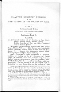 Quarter Sessions' Records of the West Riding of the County of York Indictment Book A: Halifax