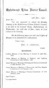 Mytholmroyd Urban District Council Minutes, 20 December 1899 and agenda 17 January 1900