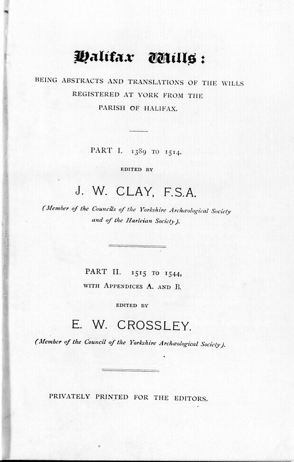 Halifax Wills 1389 to 1544.