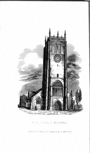 Engraving of Parish Church, Halifax, West Yorkshire, drawn by J Horner