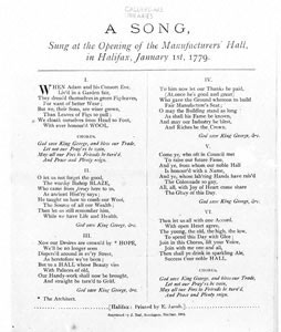 Song, Sung at the Opening of the Manufacturers' Hall, in Halifax, January 1st, 1779