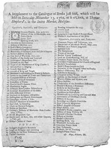 Supplement to the Catalogue of Books just sold, which will be sold on Saturday November 13, 1762