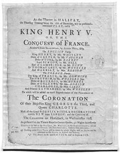 Theatre in Halifax, On Thursday Evening being the 16th December will be presented a celebrated play, call'd King Henry V