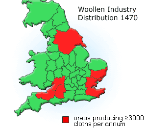 Distrbution map showing woollen production areas of England