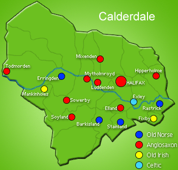 Map of Calderdale showing township names and origins